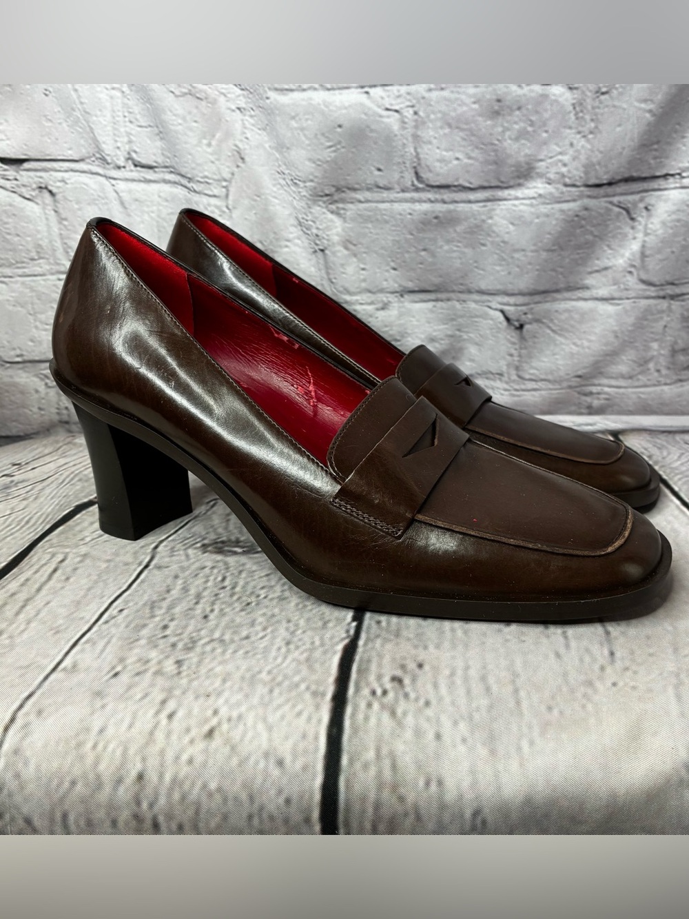 Vtg 90s Geek Chic Dark Academia Brown Leather Chunky Penny Loafer Pumps 6.5 AsIs